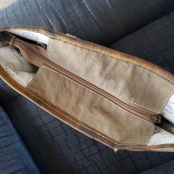 Myra Bag Distressed Leather Canvas Accents Shoulder Bag - Picture 8 of 9